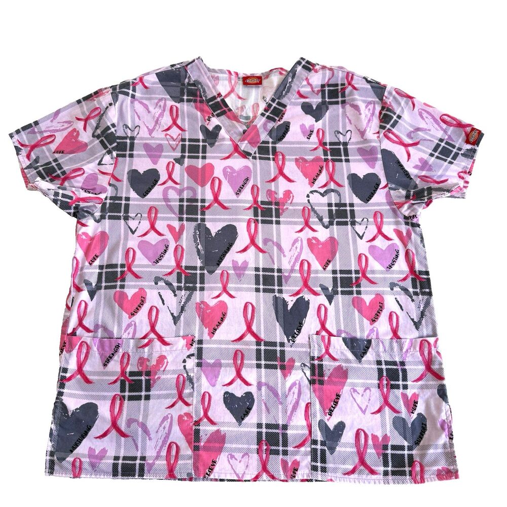 Dickies Women's XL Breast Cancer Awareness Scrub Top Medical Pink Ribbon *READ*